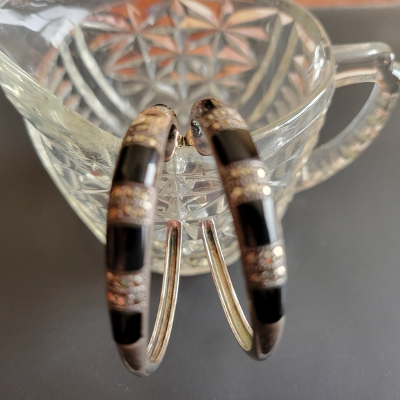 Vintage Onyx and Marcasite Sterling Silver Hoop Earrings - Picture 2 of 5